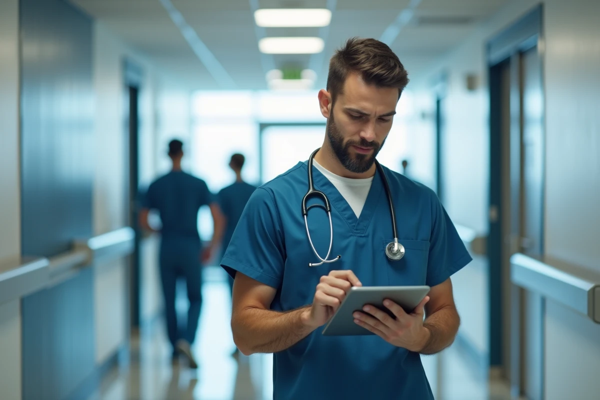 Infirmier consultant une plateforme de santé numérique sur tablette dans un couloir hospitalier moderne