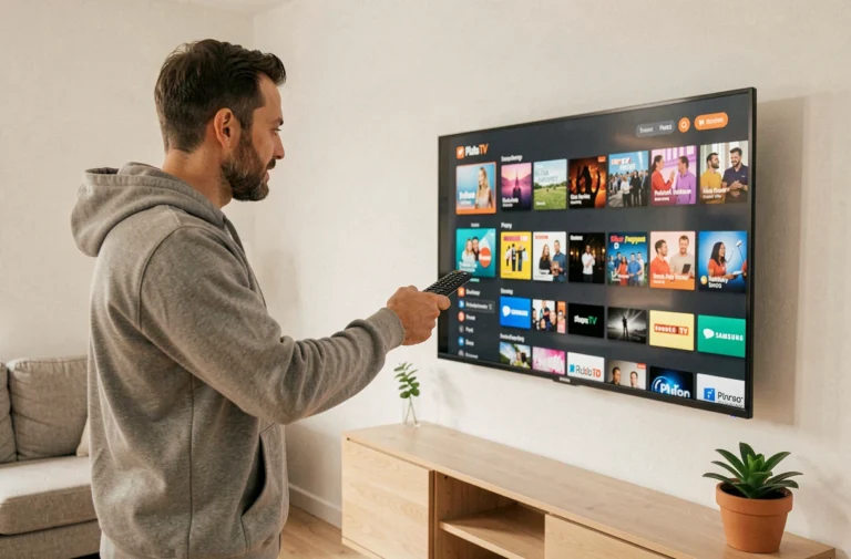 Homme installant l'application Pluto TV sur une Smart TV Samsung dans un salon moderne