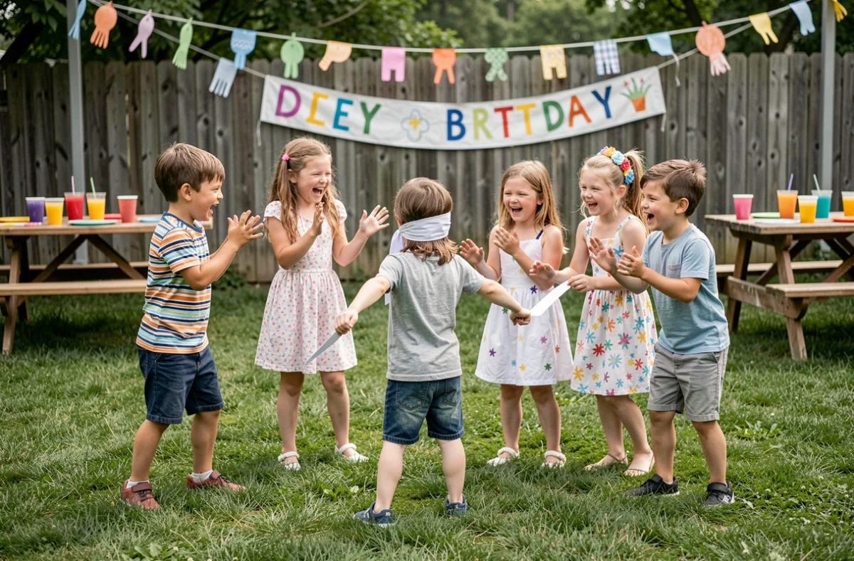 Groupe d'enfants jouant à un jeu d'anniversaire dans un jardin décoré avec des guirlandes et une banderole de fête