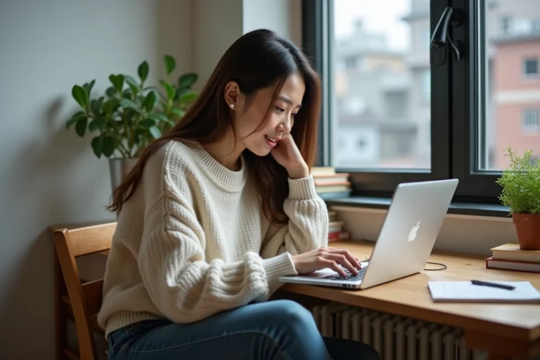 Jeune femme lisant manga sur ordinateur dans un intérieur cosy