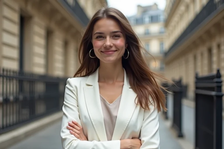 Jeune femme parisienne en blazer blanc devant architecture