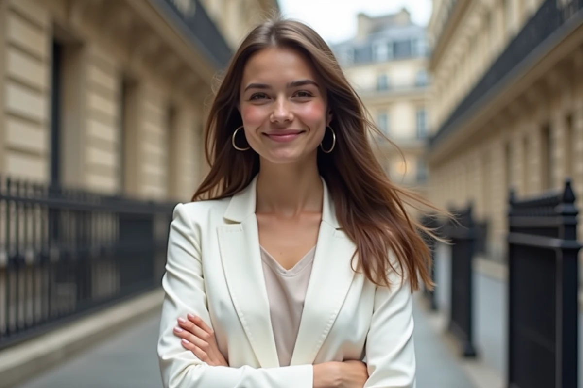 Jeune femme parisienne en blazer blanc devant architecture
