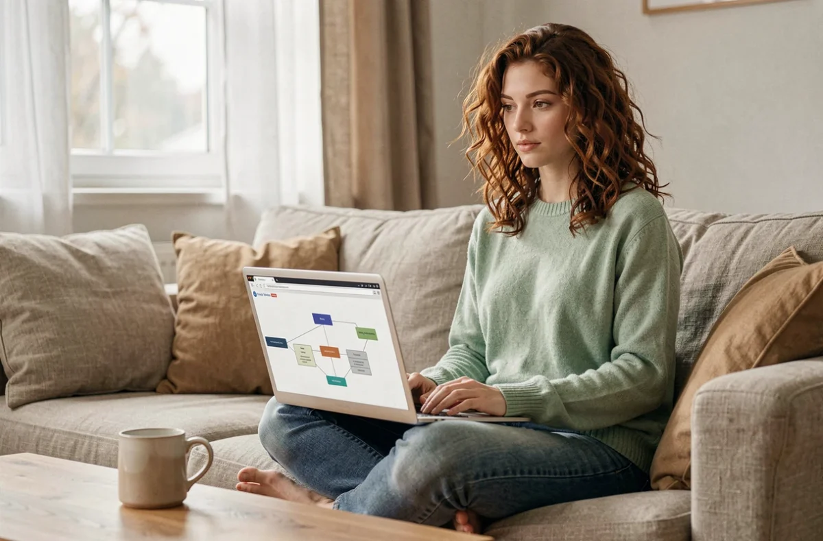 Jeune femme consultant un plan de site sur son ordinateur portable depuis son canapé à la maison