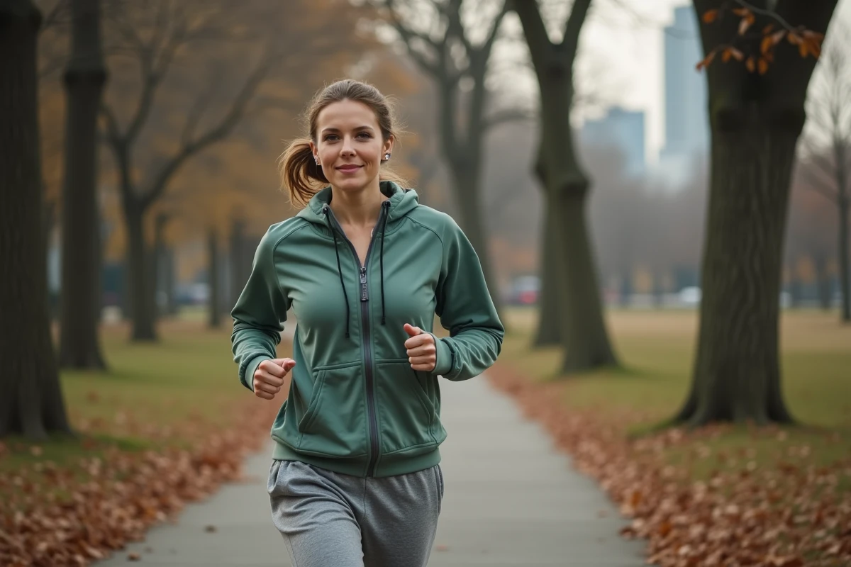 Femme faisant du jogging dans un parc urbain bordé d'arbres en automne, tenue de sport verte, expression détendue et naturelle