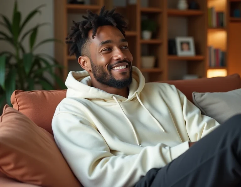 Rappeur français Jul assis dans un salon moderne, exprimant une confidence personnelle sur sa famille et ses enfants