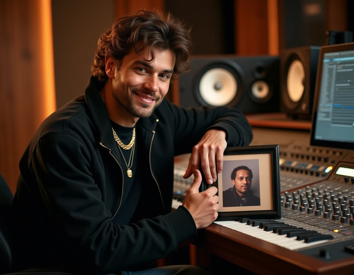 Artiste de rap tenant une photo de famille dans un studio d'enregistrement, moment de fierté paternelle en coulisses