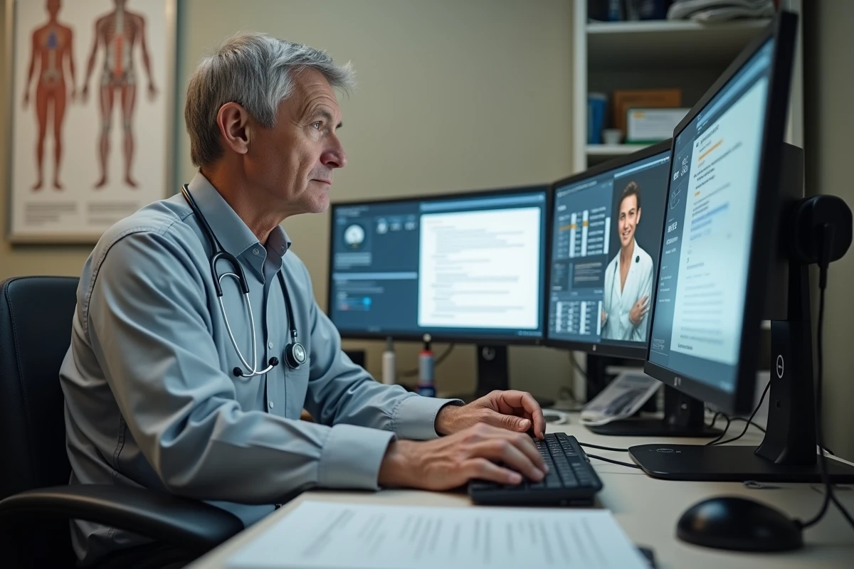 Médecin généraliste utilisant un logiciel de santé numérique sur double écran dans son cabinet médical