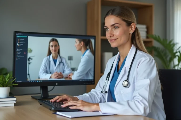 Médecin femme en téléconsultation sur ordinateur dans un bureau à domicile professionnel