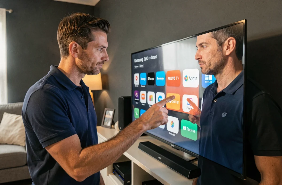 Homme naviguant dans le menu Samsung Apps pour installer Pluto TV sur un téléviseur QLED