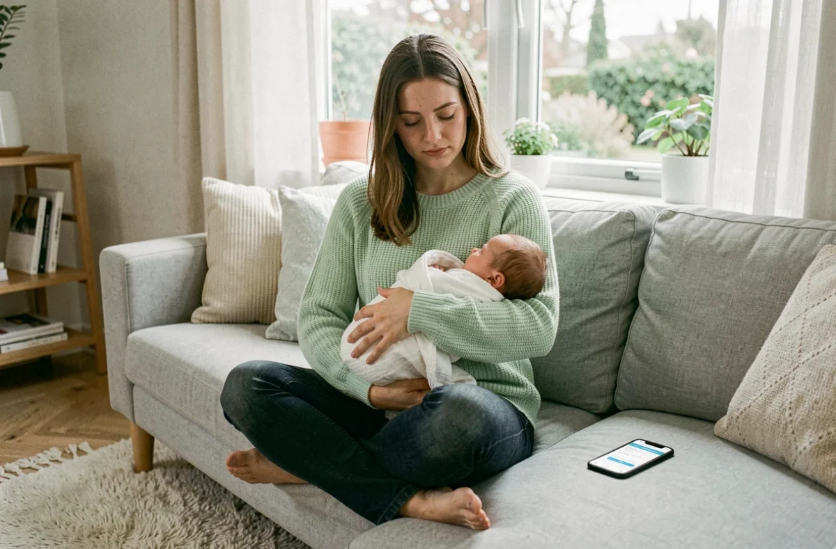 Jeune mère avec son nouveau-né consultant une application de gestion des avantages salariaux sur canapé