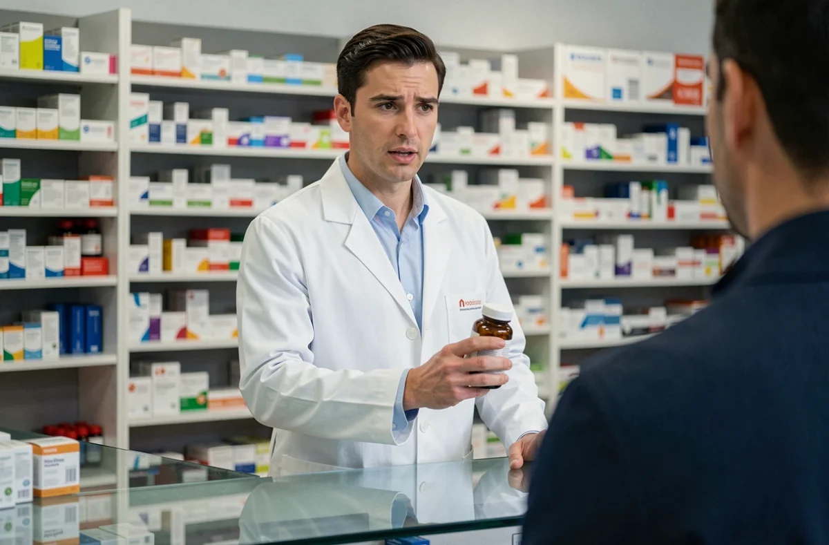 Pharmacien expliquant les effets indésirables d'un complément alimentaire à un client dans une pharmacie, en lien avec les risques de Synapsyl