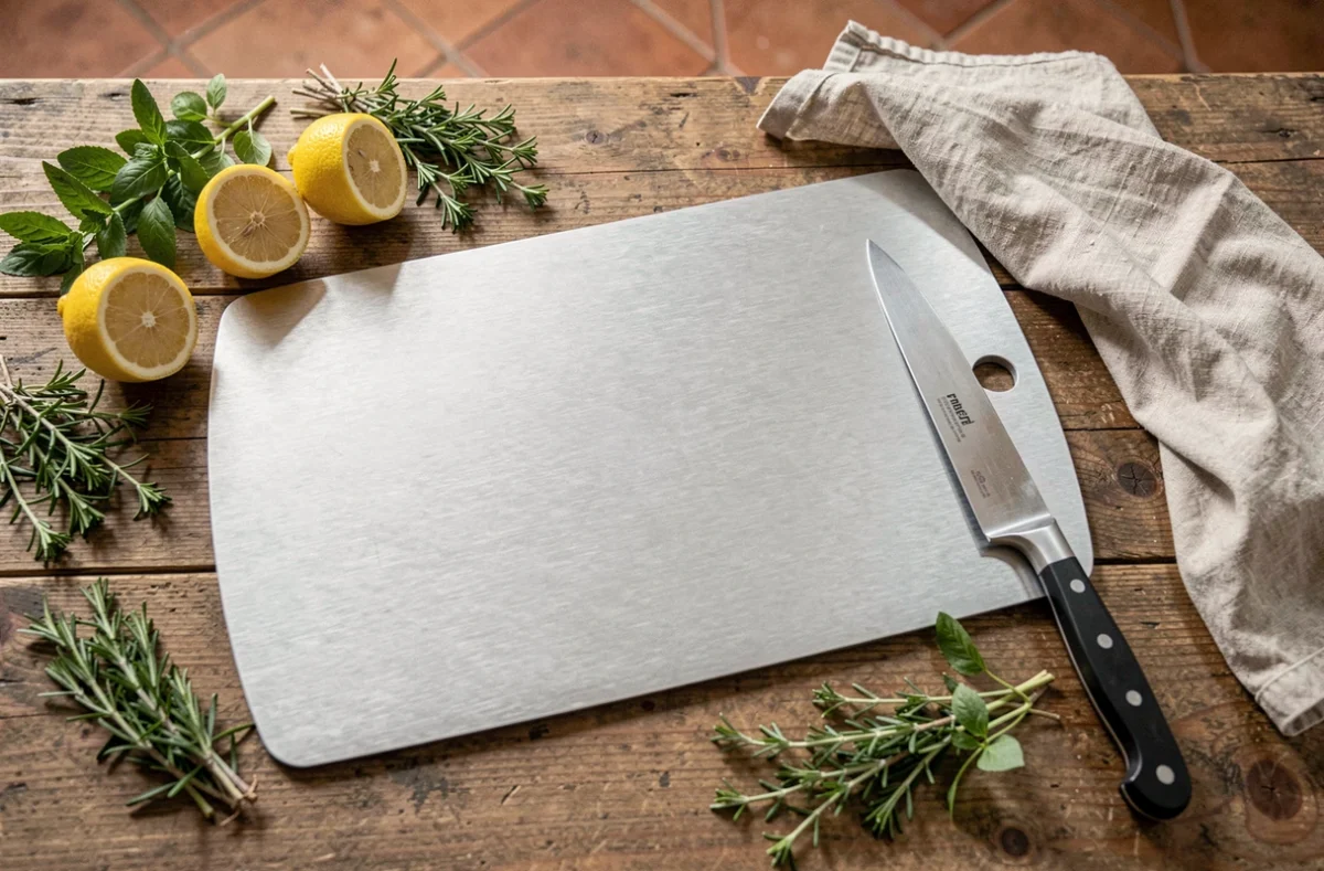 Planche à découper en titane vue de dessus entourée d'herbes fraîches et d'un couteau de chef sur une table en bois rustique