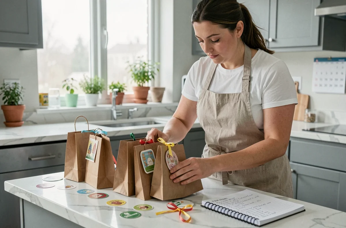 Parent organisant des sachets cadeaux d'anniversaire sur un plan de travail de cuisine avec une liste de préparations manuscrite