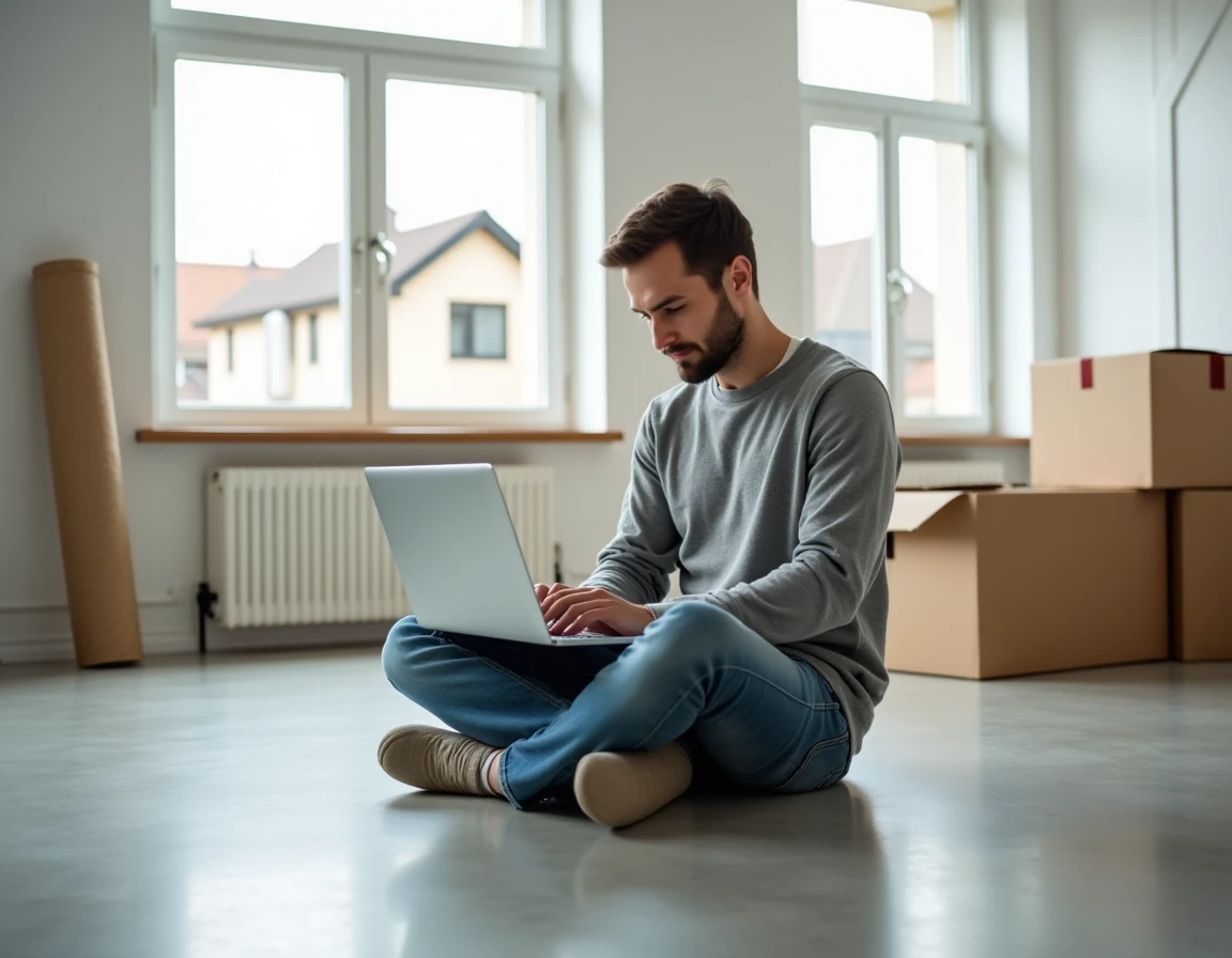Jeune homme recherchant un appartement à louer sur son ordinateur portable dans un logement vide
