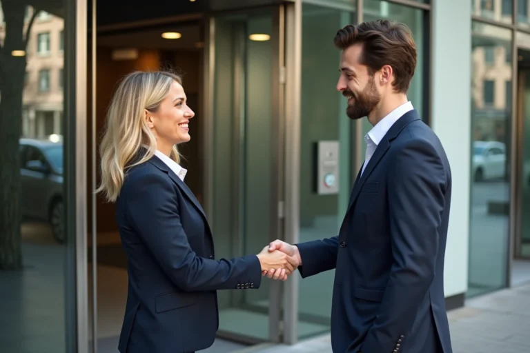 Femme d'affaires et jeune homme se saluant devant un immeuble moderne