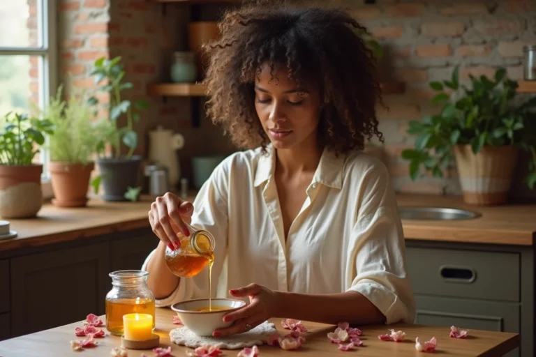Femme versant du miel doré sur un plateau rituel entouré de pétales de roses séchées et de bougies dans une cuisine rustique