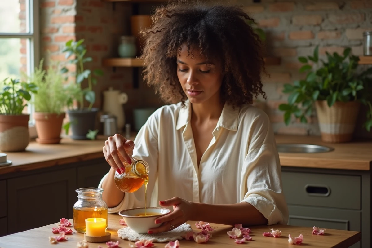 Femme versant du miel doré sur un plateau rituel entouré de pétales de roses séchées et de bougies dans une cuisine rustique
