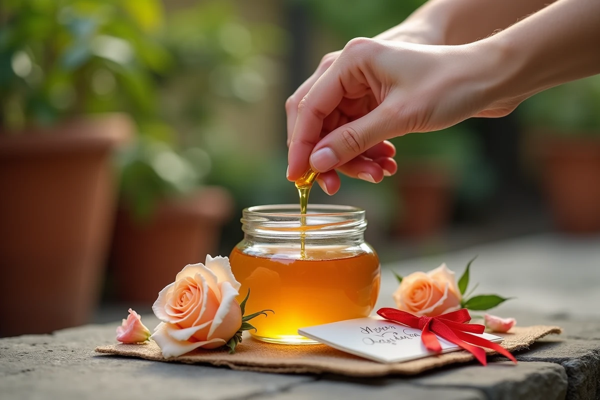 Deux mains plongeant leurs doigts dans un pot de miel lors d'un rituel d'amour entouré de pétales de roses et d'un ruban rouge