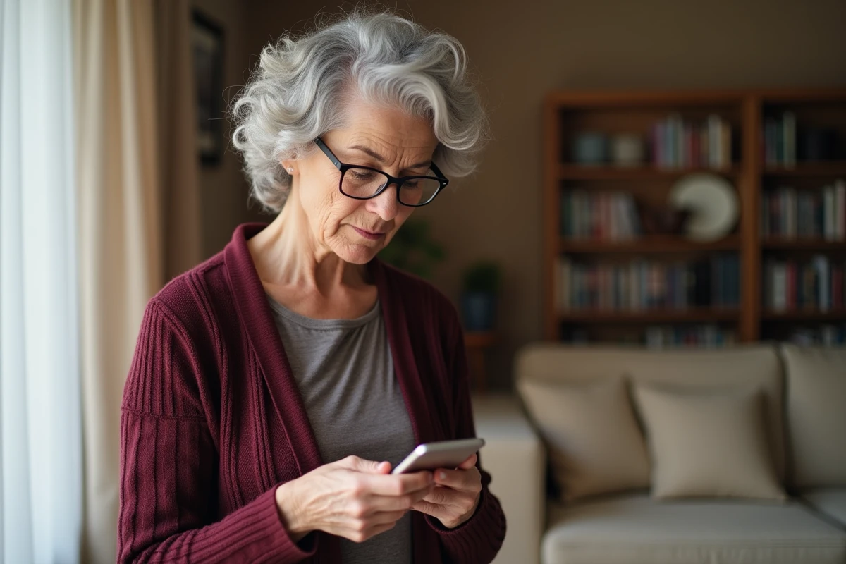 Femme senior vérifiant un numéro de téléphone inconnu sur son smartphone grâce à un annuaire inversé gratuit