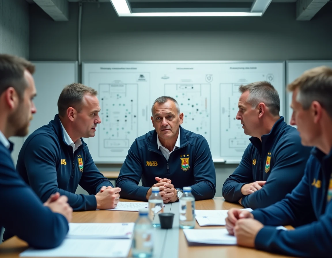 Staff technique de l'ASM Clermont en réunion stratégique pour la planification des transferts de joueurs