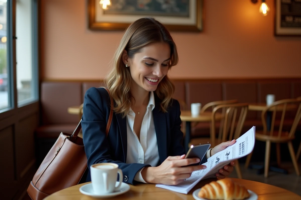 Femme consultant les tarifs d'abonnement du parking Rapp de Colmar dans un café alsacien