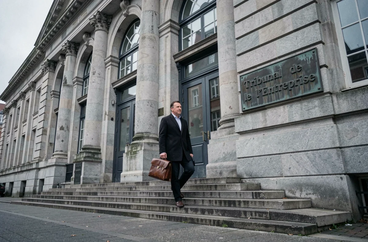 Façade néoclassique d'un tribunal de l'entreprise belge à Gand avec un homme portant une mallette montant les marches, symbolisant une procédure de faillite officielle