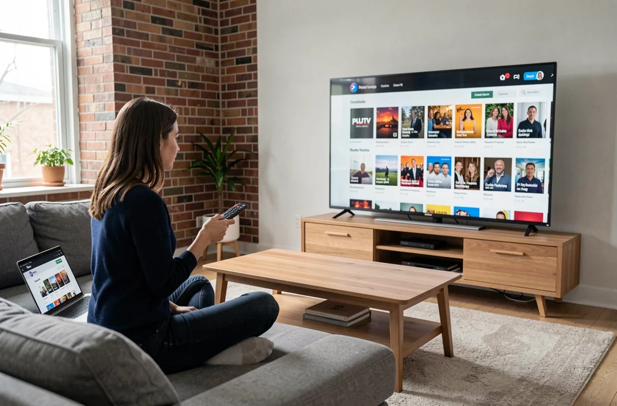 Femme suivant un tutoriel pour télécharger Pluto TV sur Samsung Smart TV depuis son canapé