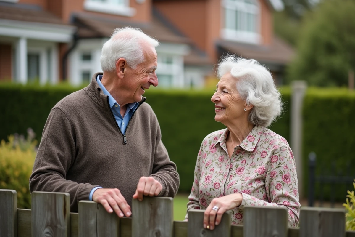 Voisins âgés se saluant dans un jardin de banlieue