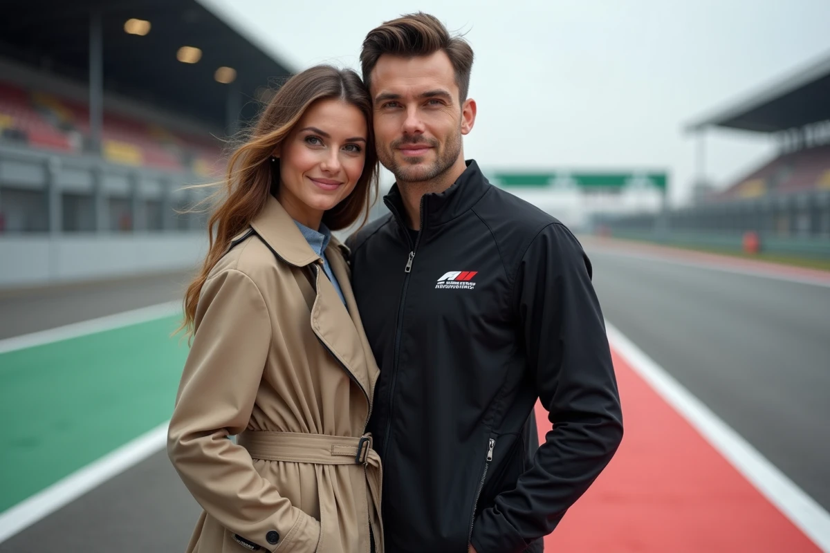 Couple élégant photographié dans les coulisses d'un circuit de MotoGP, illustrant la vie de couple de Johann Zarco et Veronika Thielová dans l'univers de la course moto