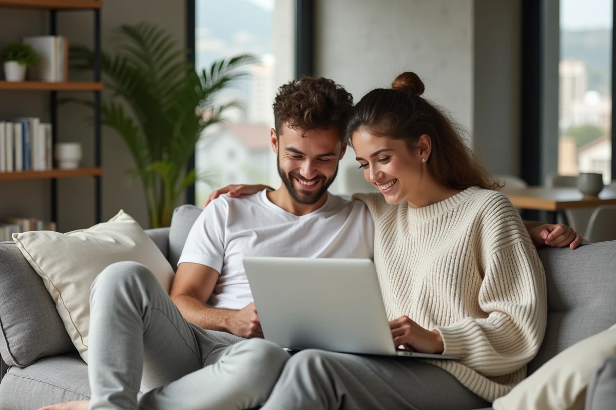 Couple détendu partageant un moment intime à la maison sur un canapé moderne, reflétant l'harmonie et la complicité du quotidien de Johann Zarco et Veronika Thielová